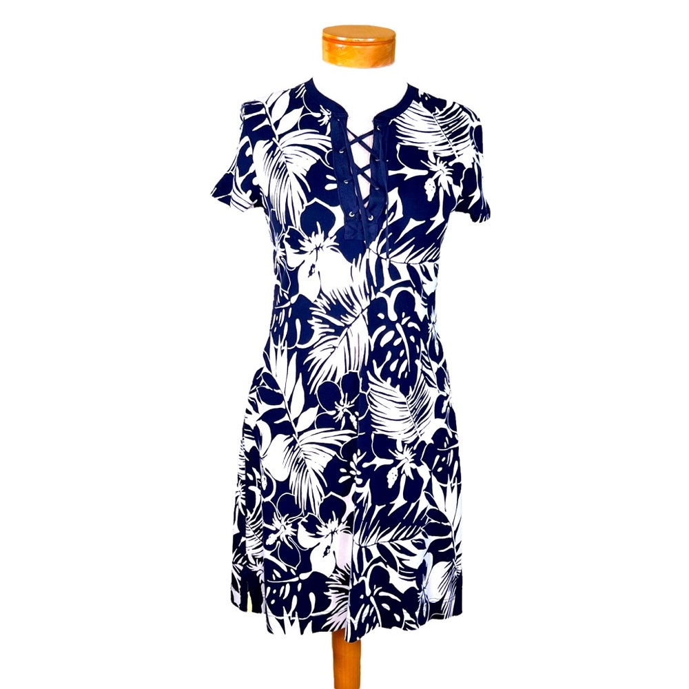 Chaps Navy & White Tropical Print Cotton T-Shirt Dress Size M, fits Smal… - Picture 1 of 12